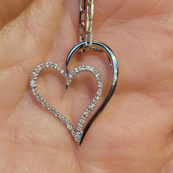 14k Solid White Gold Heart within a Heart, Round Natural Diamonds! - Picture 5 of 7